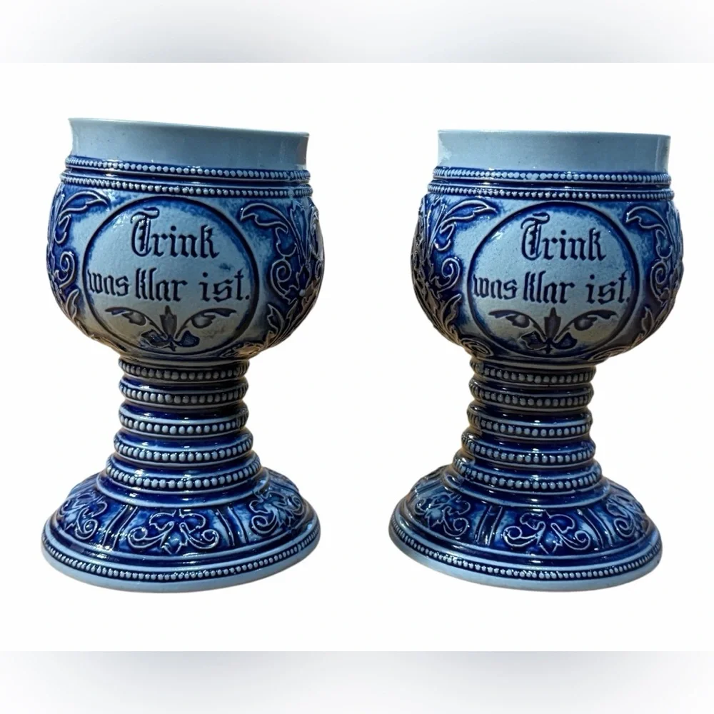 Vintage German Ceramic Wine Beer Cups Set- Plein Weinkrug und Weinbecher 1900